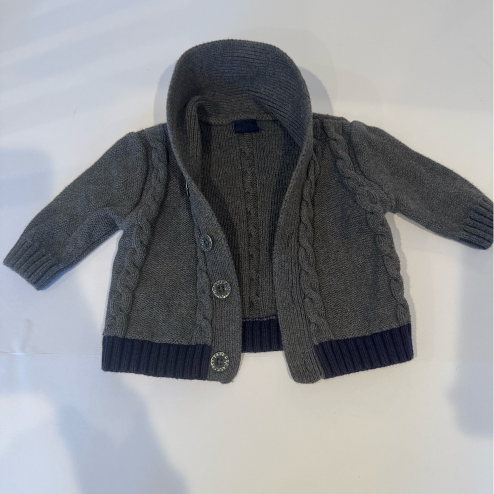 GAP Gray Cable Knit Hooded Cardigan with Navy Trim